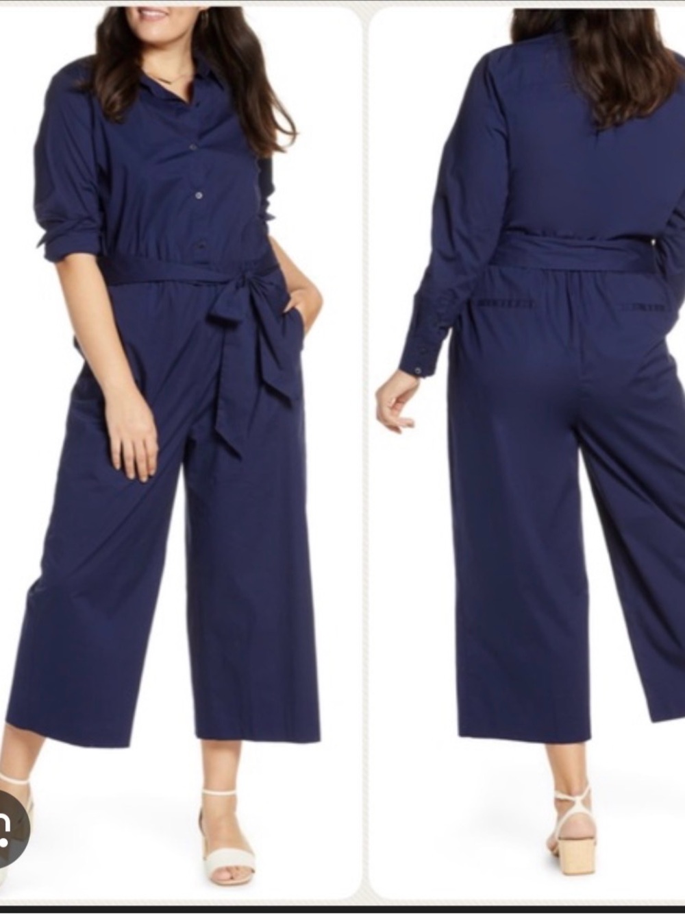 1901 Navy Button-Front Wide-Leg Jumpsuit with Tie Waist